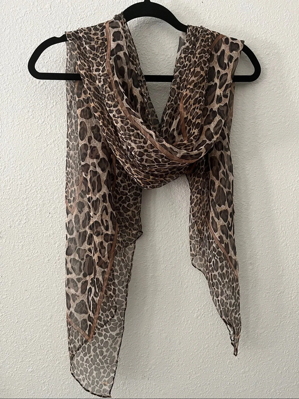 100% Silk Leopard Print Sheer Wrap scarf - Brown/Cream Hand rolled hem